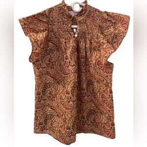 House of Harlow 1960 Paisley Flutter Sleeve Cotton Smocked Blouse Top Small